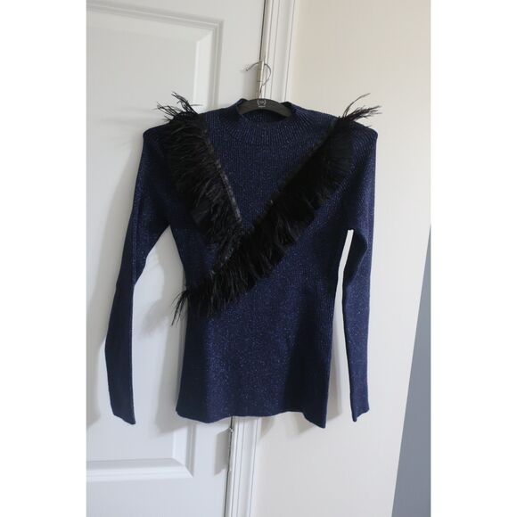 Navy Shimmer Ribbed Knit Sweater Feather Fringe Women Small Pristine Condition - Picture 5 of 7